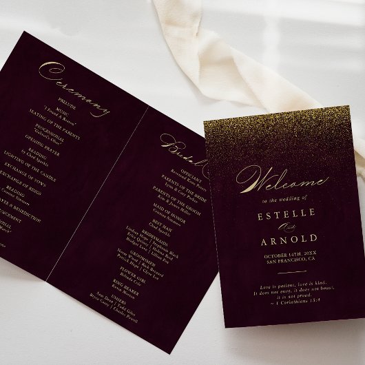 Burgundy Gold Glitter Calligraphy Folded Wedding Programma