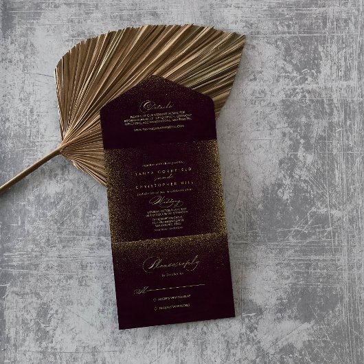 Burgundy Gold Glitter Calligraphy Wedding All In One Uitnodiging