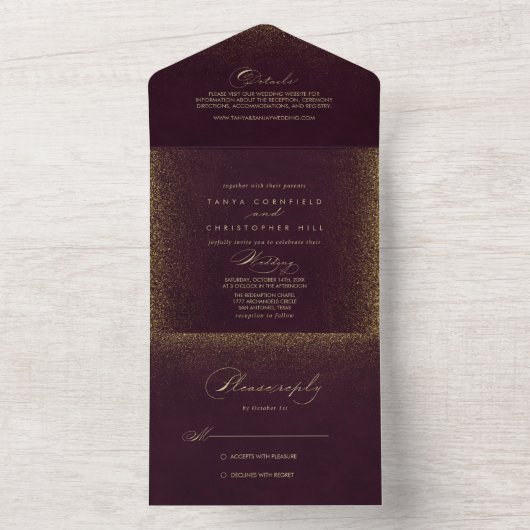 Burgundy Gold Glitter Calligraphy Wedding All In One Uitnodiging (Binnen)