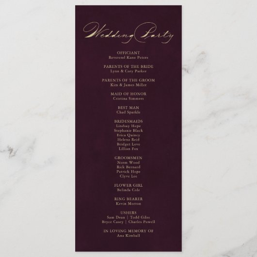 Burgundy Gold Glitter Calligraphy Wedding Programm Programmakaart (Achterkant)