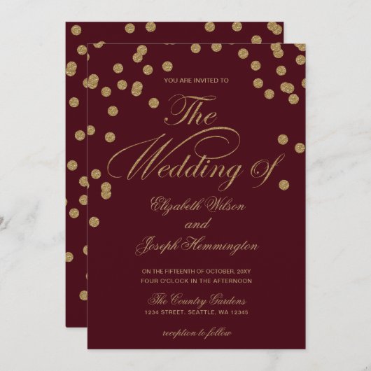 Burgundy Gold Glitter Confetti Elegant Wedding Kaart (Voorkant / Achterkant)