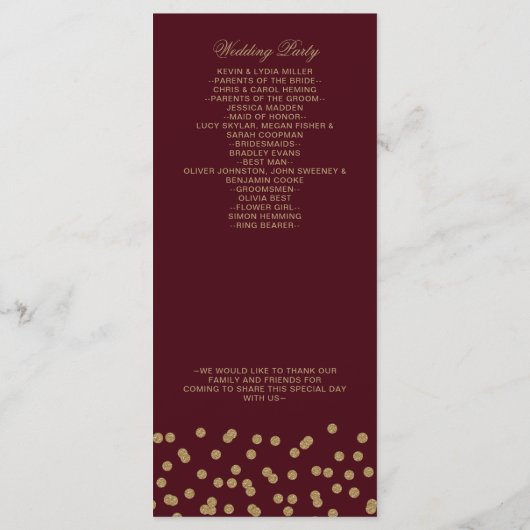Burgundy Gold Glitter Confetti Elegant Wedding Programmakaart (Achterkant)