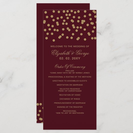 Burgundy Gold Glitter Confetti Elegant Wedding Programmakaart (Voorkant / Achterkant)