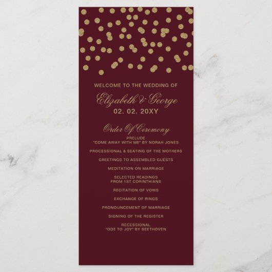 Burgundy Gold Glitter Confetti Elegant Wedding Programmakaart (Voorkant)