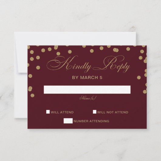 Burgundy Gold Glitter Confetti Elegant Wedding RSVP Kaartje (Voorkant)