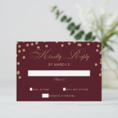 Burgundy Gold Glitter Confetti Elegant Wedding RSVP Kaartje (Staand voorkant)