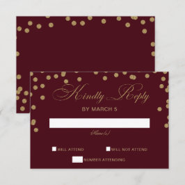 Burgundy Gold Glitter Confetti Elegant Wedding RSVP Kaartje