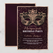 Burgundy Gold Glitter Confetti Masquerade Birthday Kaart (Voorkant / Achterkant)