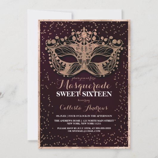 Burgundy Gold Glitter Confetti Masquerade Sweet 16 Kaart (Voorkant)
