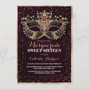 Burgundy Gold Glitter Confetti Masquerade Sweet 16 Kaart