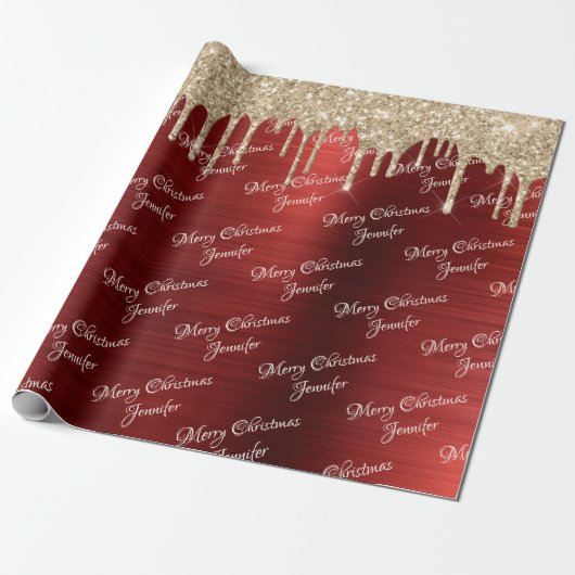 Burgundy Gold Glitter Driving kerstnaam Cadeaupapier (Uitgerold)