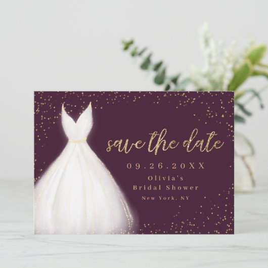 Burgundy Gold Glitter Elegant Dress Save Date Save The Date (Staand voorkant)