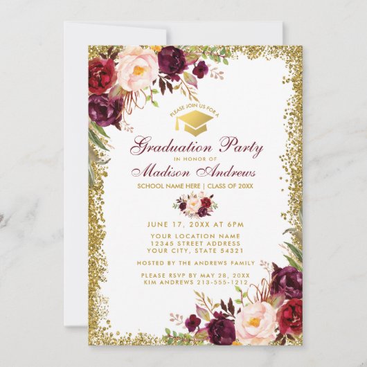 Burgundy Gold Glitter Graduation Party Invite WB Kaart (Voorkant)