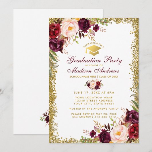 Burgundy Gold Glitter Graduation Party Invite WB Kaart (Voorkant / Achterkant)