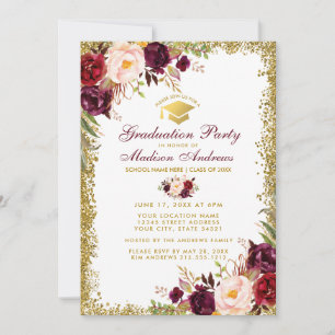 Burgundy Gold Glitter Graduation Party Invite WB Kaart