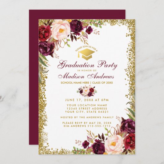Burgundy Gold Glitter Gradution Party Invite B Kaart (Voorkant / Achterkant)
