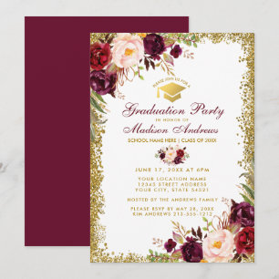 Burgundy Gold Glitter Gradution Party Invite B Kaart