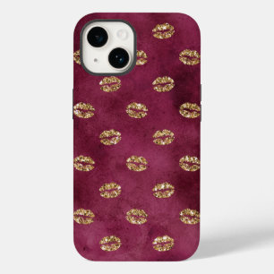 Burgundy Gold Glitter Kisses Lips Case-Mate iPhone 14 Hoesje