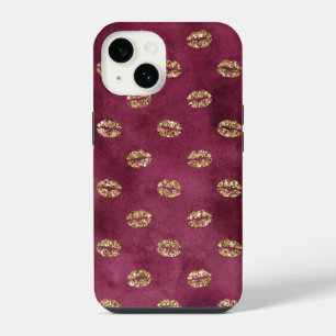 Burgundy Gold Glitter Kisses Lips iPhone 14 Hoesje