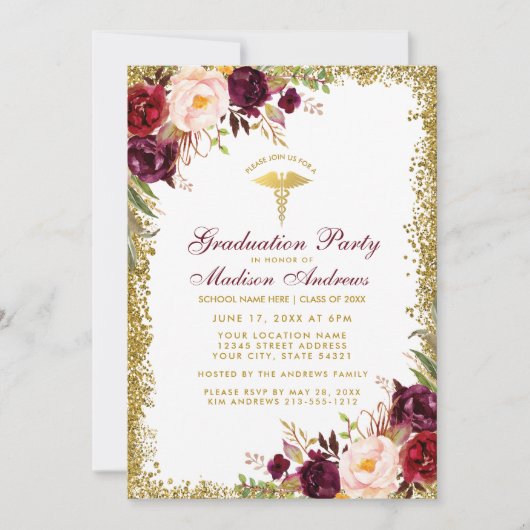 Burgundy Gold Glitter Medical Afstudeerder Party I Kaart (Voorkant)