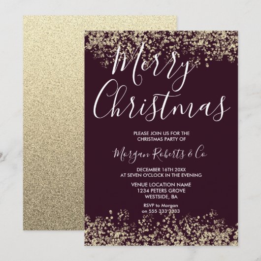 Burgundy & Gold Glitter Merry Kerstparty Kaart (Voorkant / Achterkant)