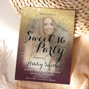 Burgundy gold glitter ombre fancy foto Sweet 16 Kaart