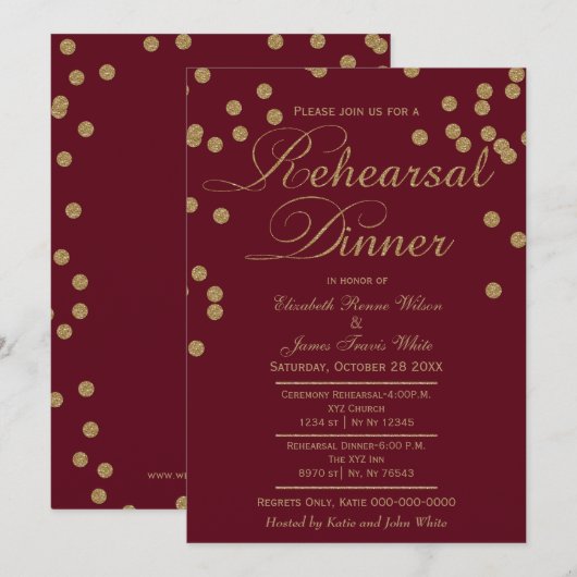 burgundy gold glitter repetitief diner kaart (Voorkant / Achterkant)