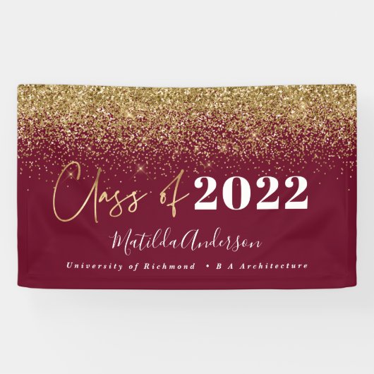 Burgundy gold glitter script class van afstuderen spandoek (Horizontaal)