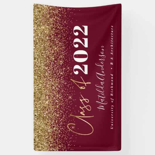 Burgundy gold glitter script class van afstuderen spandoek (Verticaal)
