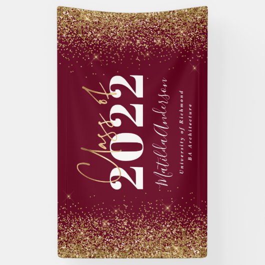 Burgundy gold glitter script class van afstuderen spandoek (Verticaal)