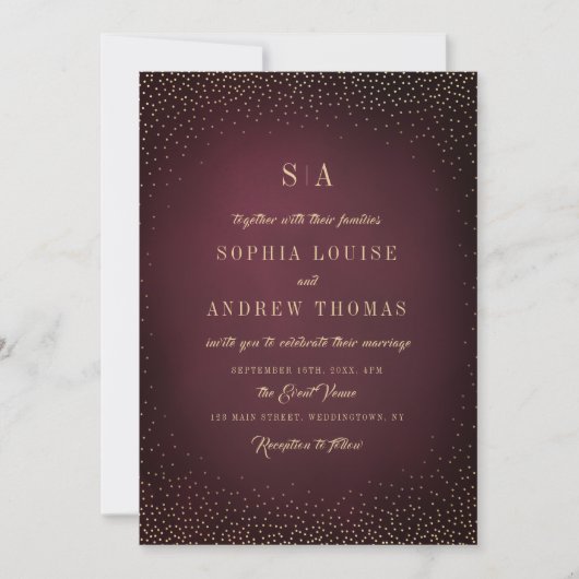 Burgundy Gold Glitter Simple Monogram bruiloft Kaart (Voorkant)