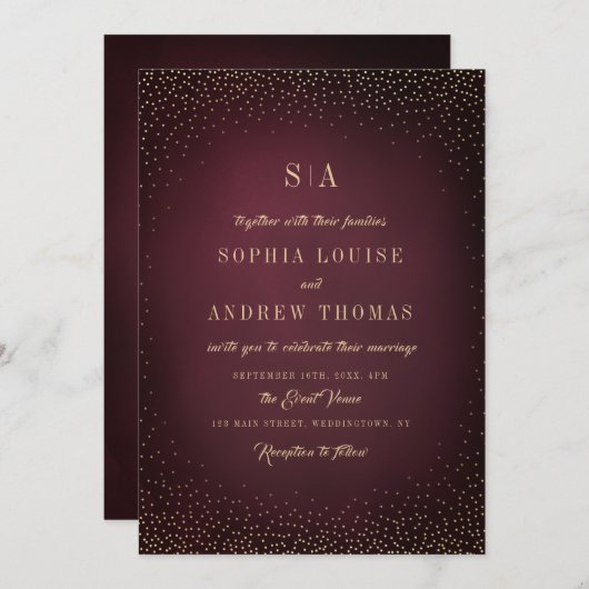 Burgundy Gold Glitter Simple Monogram bruiloft Kaart (Voorkant / Achterkant)