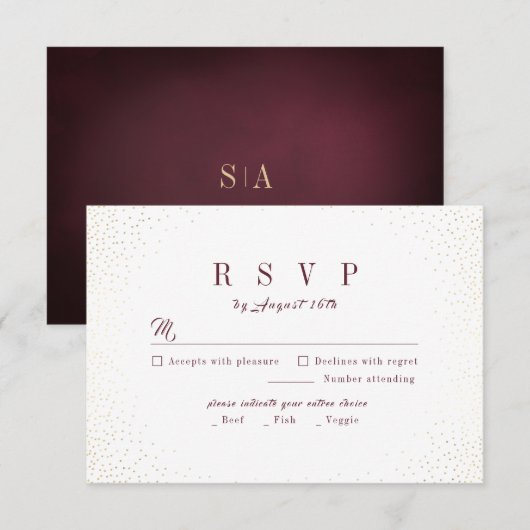 Burgundy Gold Glitter Simple Monogram bruiloft RSVP Kaartje (Voorkant / Achterkant)