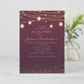 Burgundy Gold Glitter String Light Lantern Wedding Kaart (Staand voorkant)