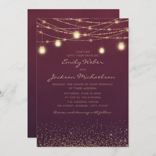 Burgundy Gold Glitter String Light Lantern Wedding Kaart (Voorkant / Achterkant)