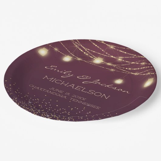 Burgundy Gold Glitter String Light Lantern Wedding Papieren Bordje (Gekanteld)