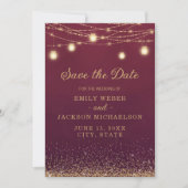 Burgundy Gold Glitter String Light Save Date Save The Date (Voorkant)