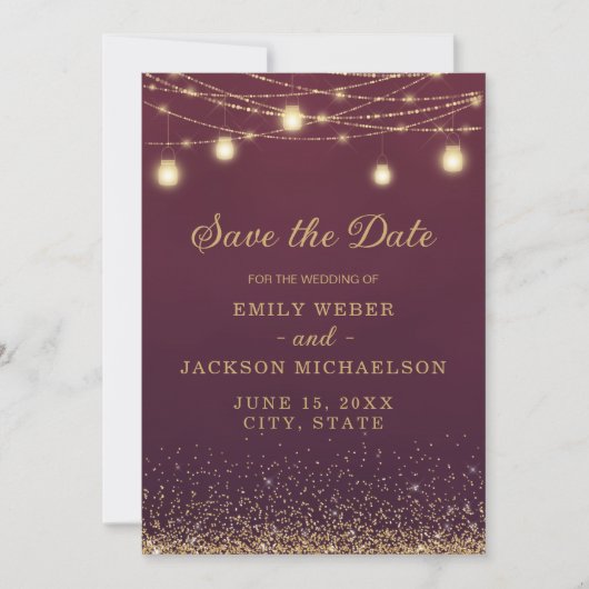 Burgundy Gold Glitter String Light Save Date Save The Date (Voorkant)