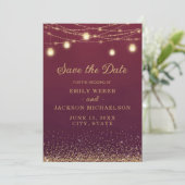 Burgundy Gold Glitter String Light Save Date Save The Date (Staand voorkant)