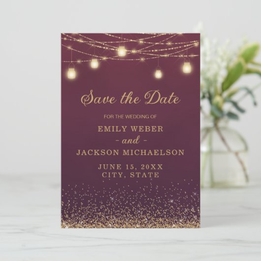 Burgundy Gold Glitter String Light Save Date Save The Date (Staand voorkant)