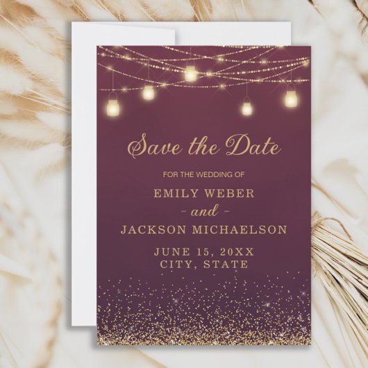 Burgundy Gold Glitter String Light Save Date Save The Date