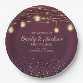 Burgundy Gold Glitter String Light Wedding Papieren Bordje (Voorkant)