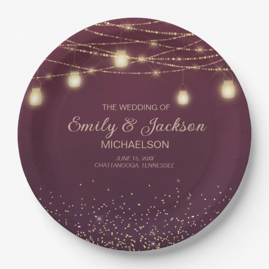 Burgundy Gold Glitter String Light Wedding Papieren Bordje (Voorkant)