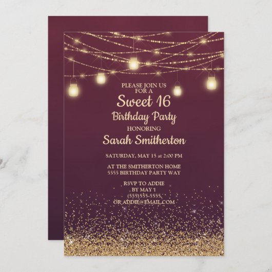 Burgundy Gold Glitter String Lights 16 Kaart (Voorkant / Achterkant)