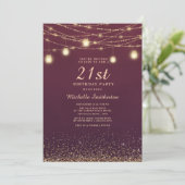 Burgundy Gold Glitter String Lights 21st Kaart (Staand voorkant)