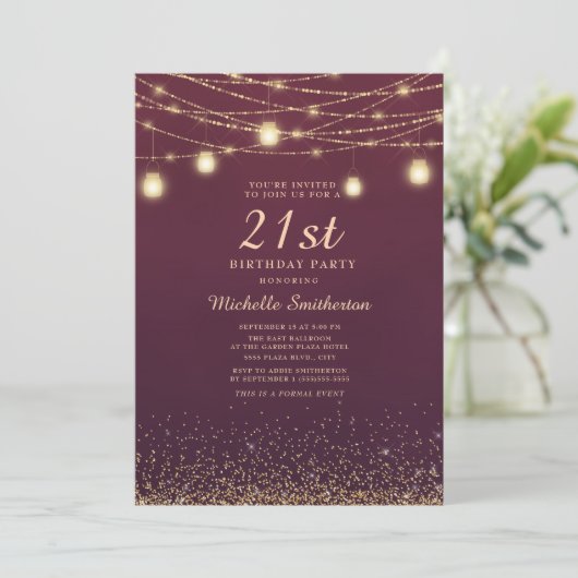 Burgundy Gold Glitter String Lights 21st Kaart (Staand voorkant)