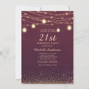 Burgundy Gold Glitter String Lights 21st Kaart