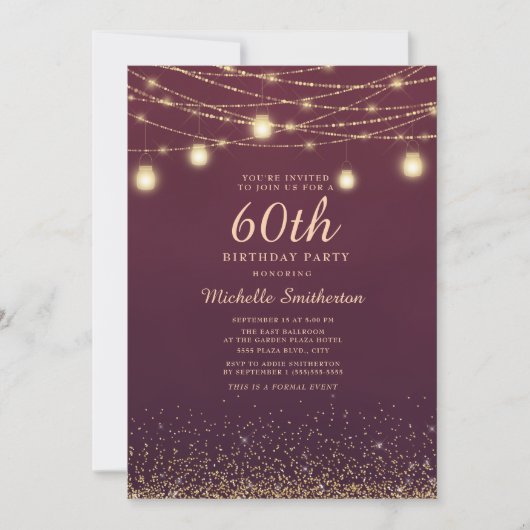 Burgundy Gold Glitter String Lights Formal 60th Kaart (Voorkant)