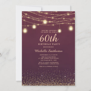 Burgundy Gold Glitter String Lights Formal 60th Kaart