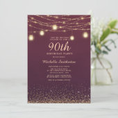 Burgundy Gold Glitter String Lights Formal 90th Kaart (Staand voorkant)